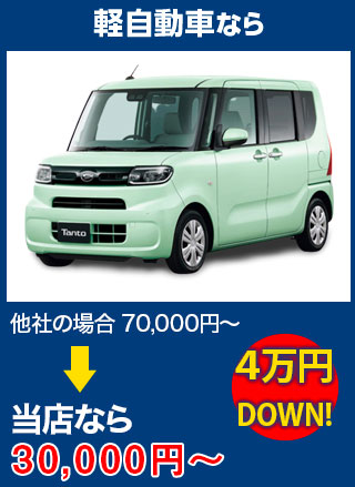 軽自動車なら、他社の場合70,000円～のところを有限会社安全ガラスなら30,000円～　5万円DOWN！